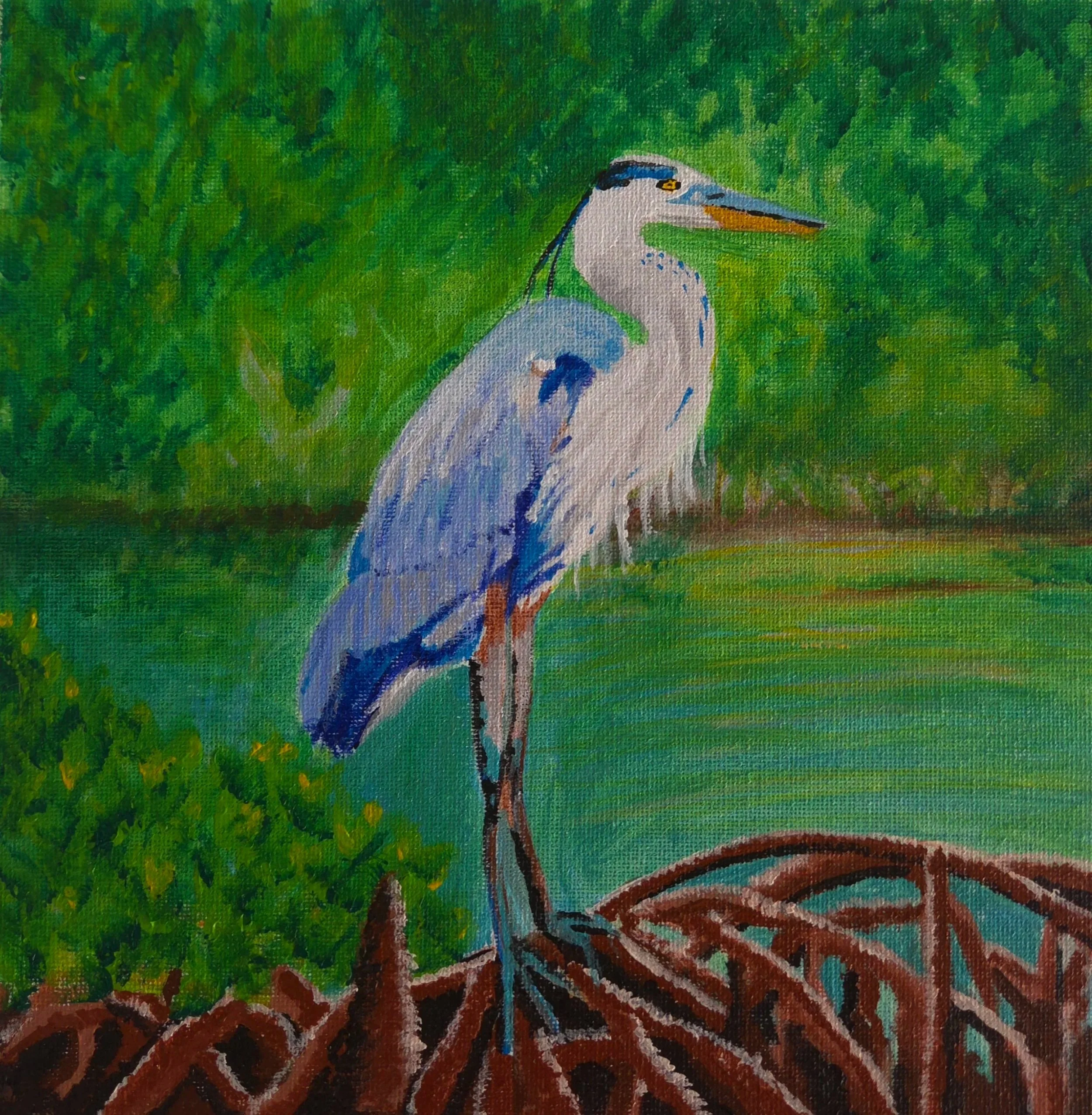 The Watcher – Original Great Blue Heron - Acrylic on canvas - 10x10