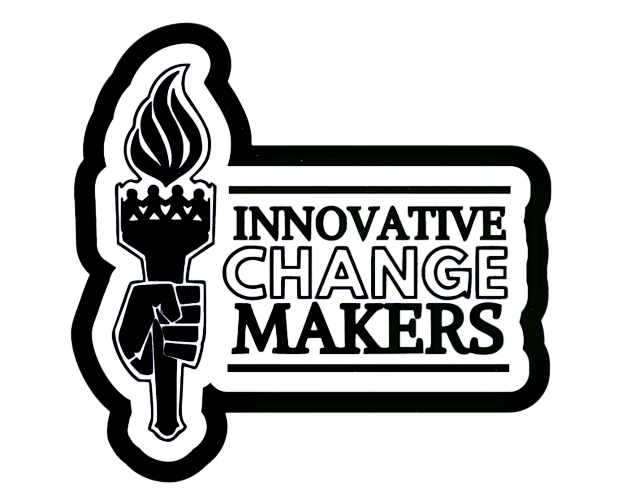 INNOVATIVE CHANGE MAKERS black and white logo with a hand holding a flaming torch.