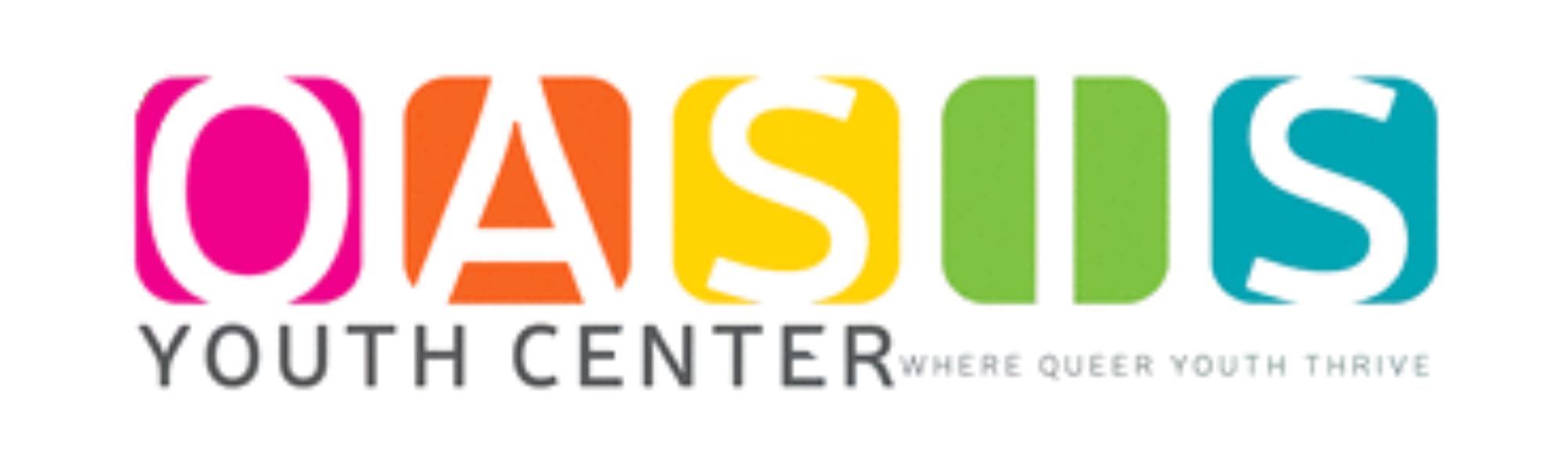 Colorful logo of OASIS Youth Center with a slogan 'Where queer youth thrive'