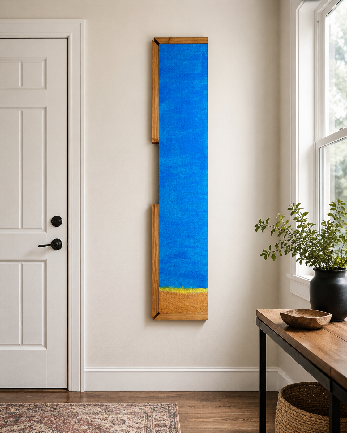 Vertical abstract artwork with vivid blue sky