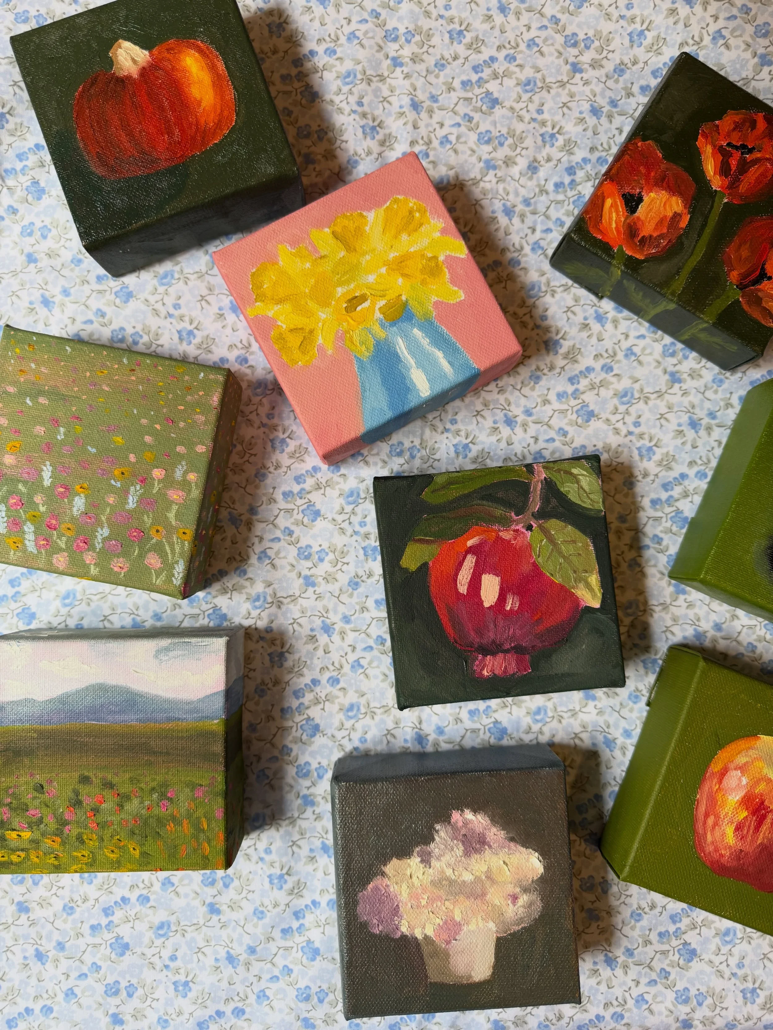 I&rsquo;ve been working on a bunch of these mini 4 x 4 inch paintings for the last month (including more that aren&rsquo;t pictured here)! They&rsquo;ll be available at the South Hadley High School vendor fair on October 4 from 10 AM to 2 PM! I&rsquo