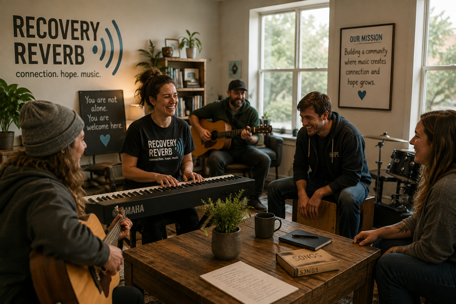 Group of people in a music therapy or community jam session, with a woman playing keyboard, a man playing guitar, and others singing and chatting in a cozy room with plants and motivational posters.