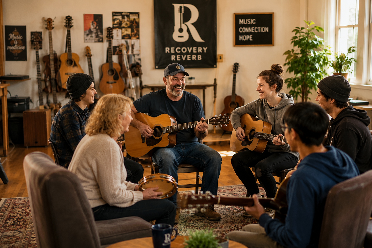 Group of six people in a music therapy session, seated in a circle with guitars and a tambourine, smiling and engaging with each other, in a cozy room with guitars and music posters on the walls.