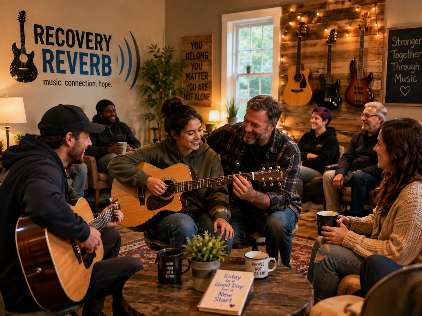 A group of people gathered in a cozy music room, with two playing guitars and others listening and smiling. The room has wooden walls decorated with guitars and string lights, with a window letting in natural light. There are motivational signs on the walls and a small table with mugs and a plant.