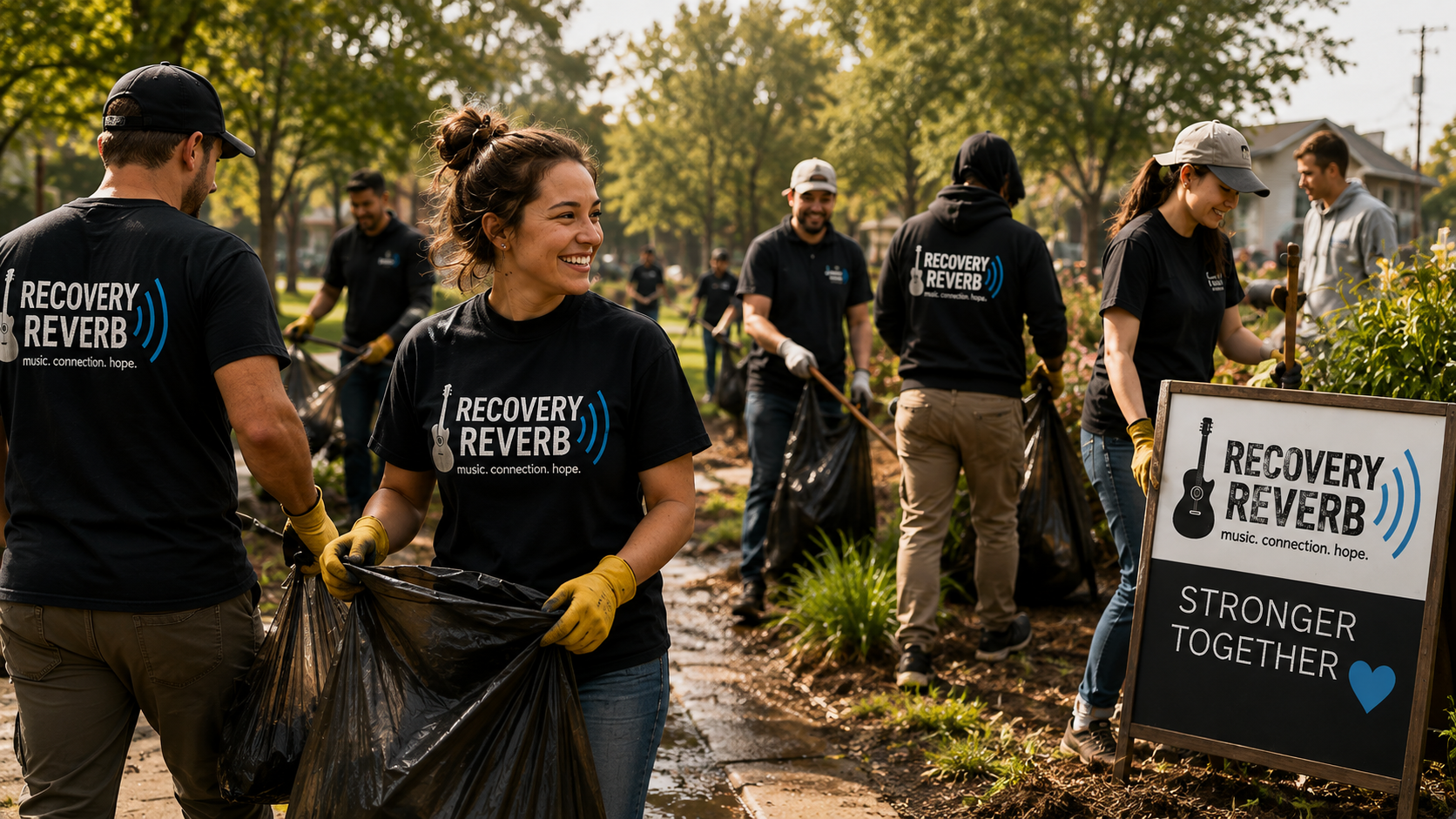 A group of people participating in a community cleanup wearing black t-shirts with the 'Recovery Reverb' logo. They are collecting trash in a park with trees, houses, and a sign that reads 'Stronger Together' and 'Recovery Reverb music. connection. hope.'