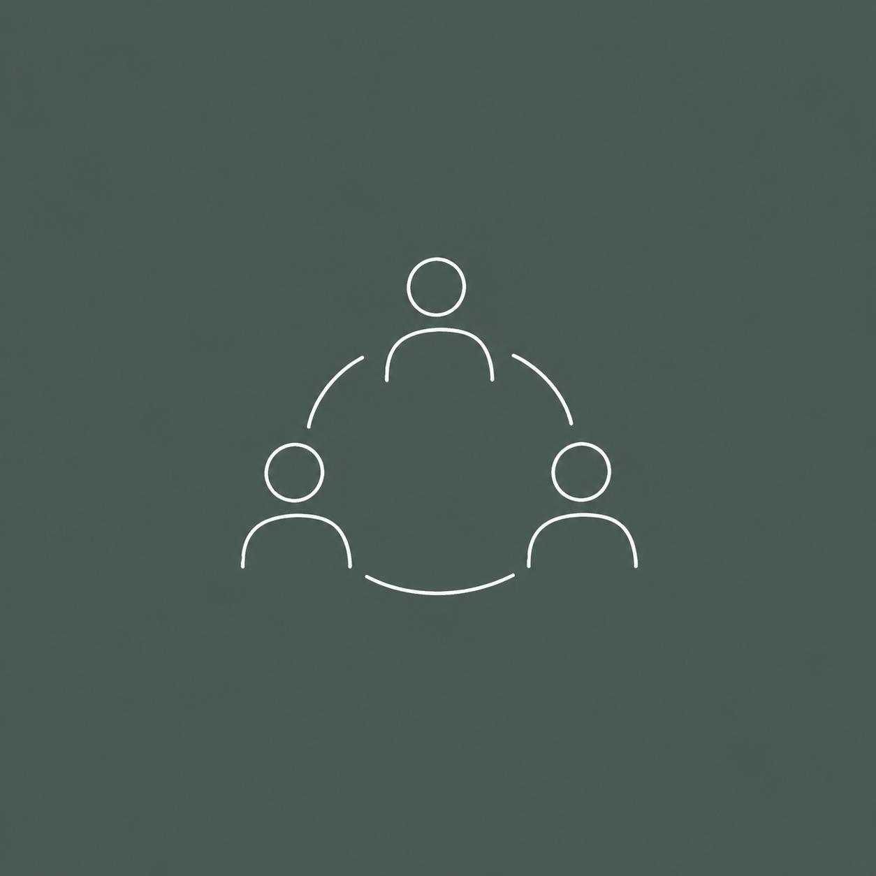 Simple white line drawing of three connected human figures arranged in a circle on a dark green background.