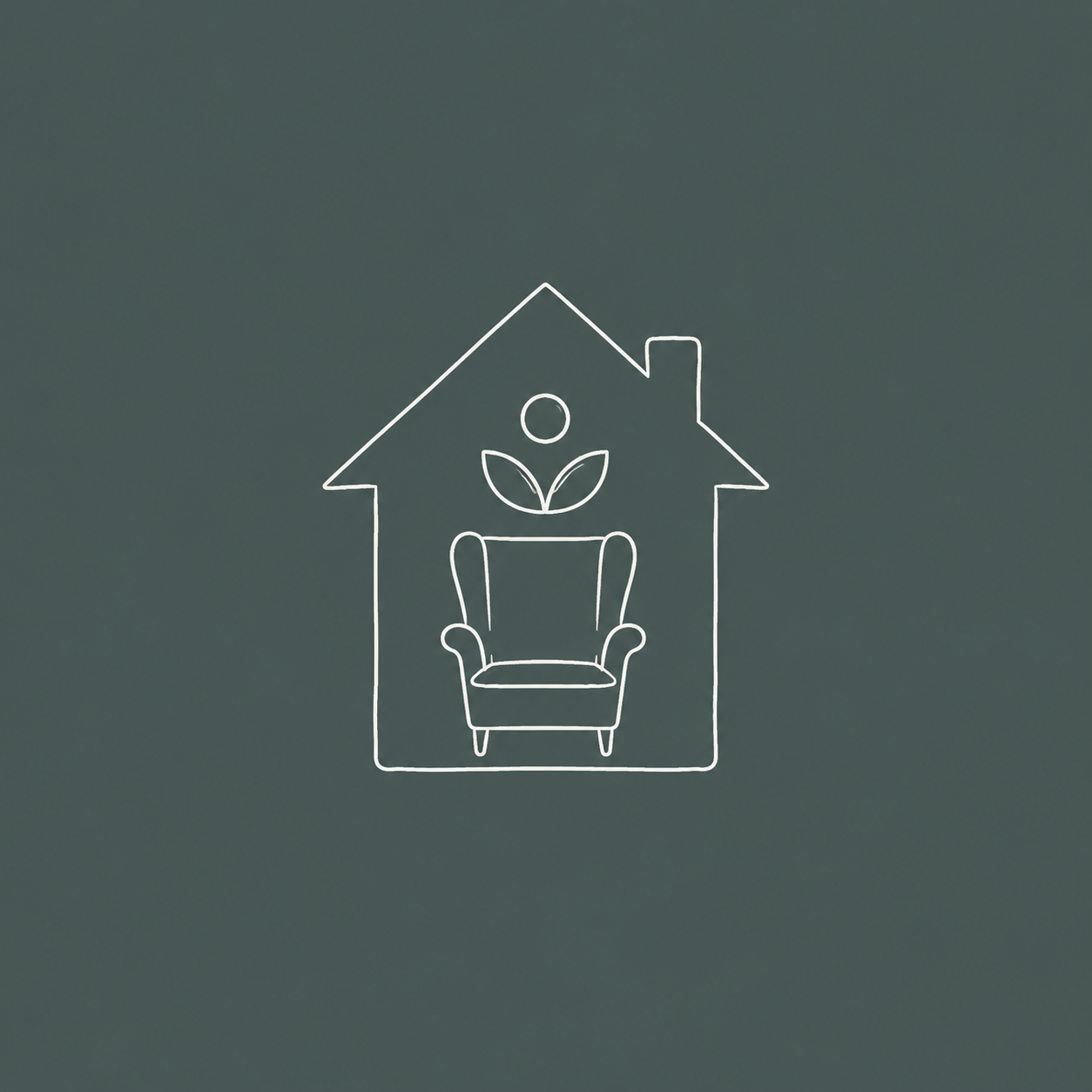 Minimalist line drawing of a house with a chair inside, a leaf symbol above the chair, and a small circle representing the sun or moon, all in white on a dark background.