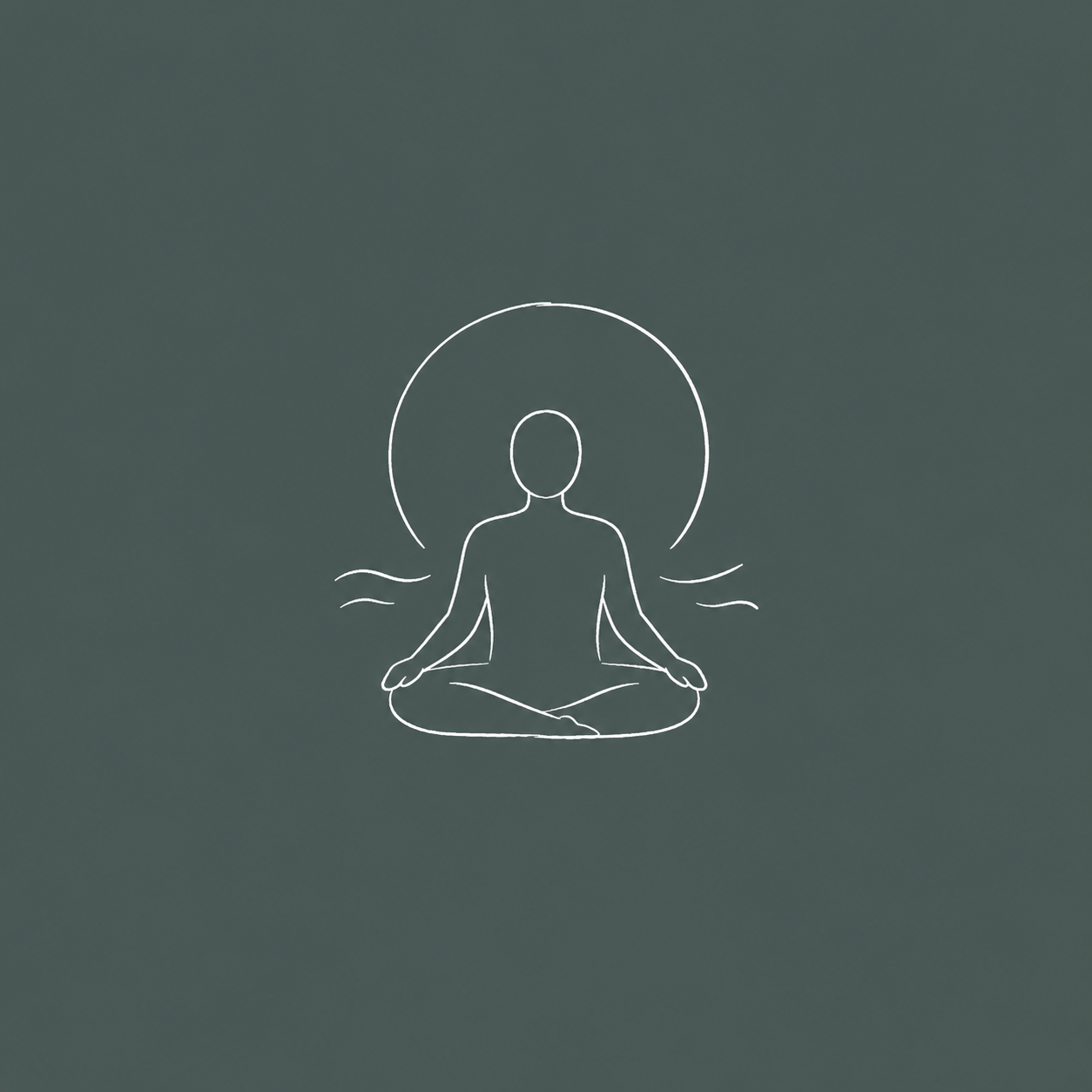 Minimalist line drawing of a person sitting cross-legged in meditation, with a circle behind their head and gentle water ripples around them.