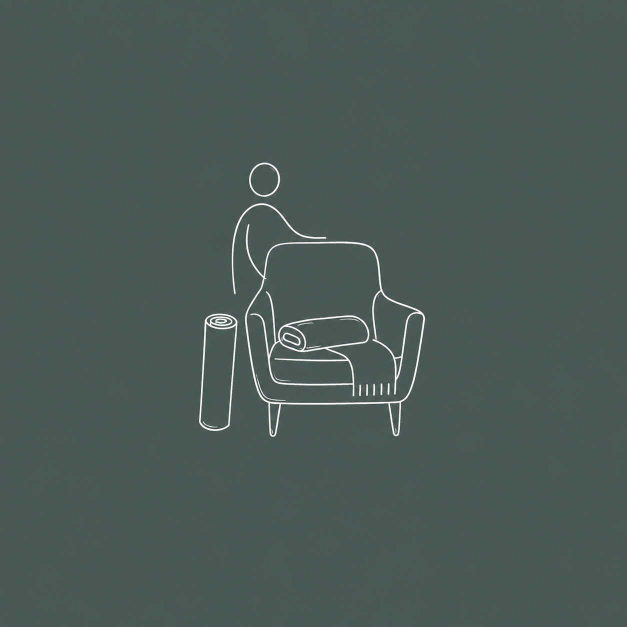 Minimalist line drawing of a person folding a blanket on a modern armchair with a rolled-up blanket on the seat, accompanied by a rolled-up mat to the side.