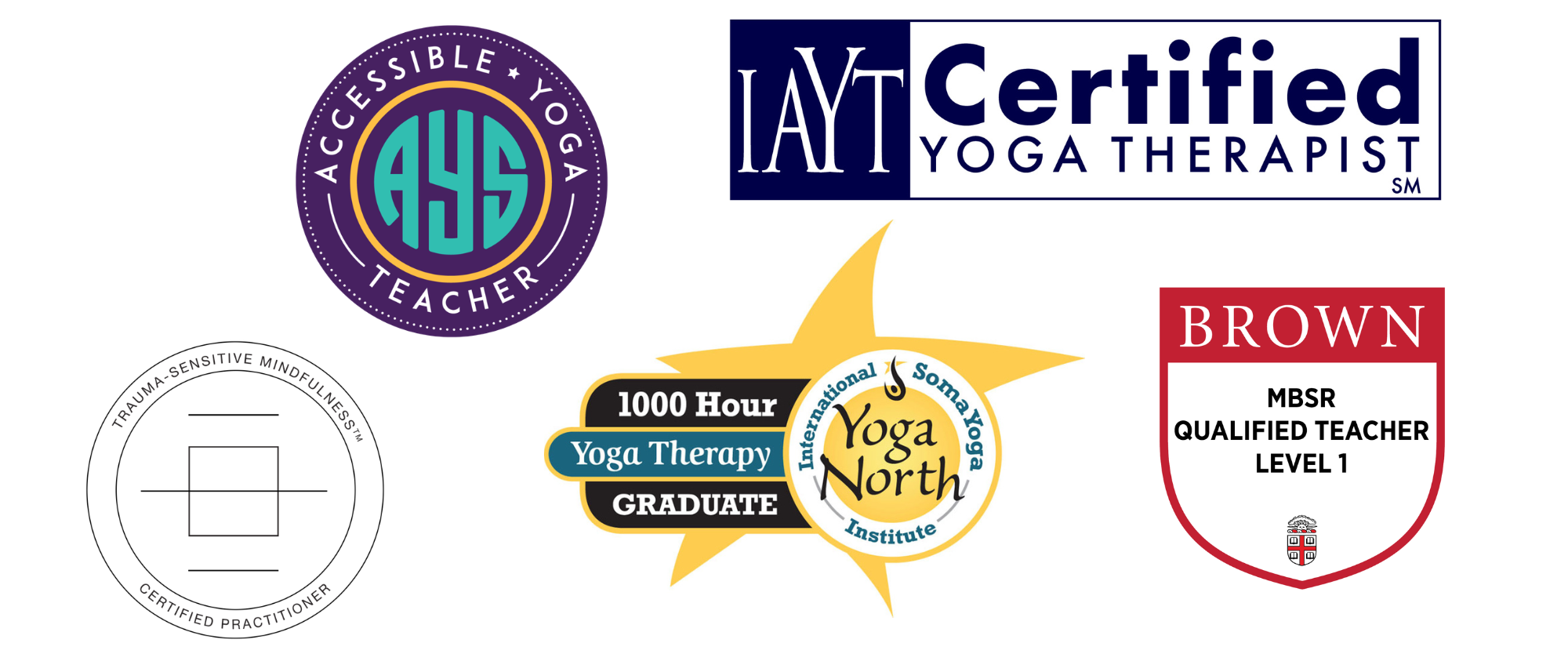 Collection of certification logos related to yoga therapy and teaching, including AYS Teacher, IAYT Certified Yoga Therapist, Trauma-Sensitive Mindfulness, Yoga North Institute 1000 Hour Yoga Therapy Graduate, and Brown MBSR Qualified Teacher Level 1.