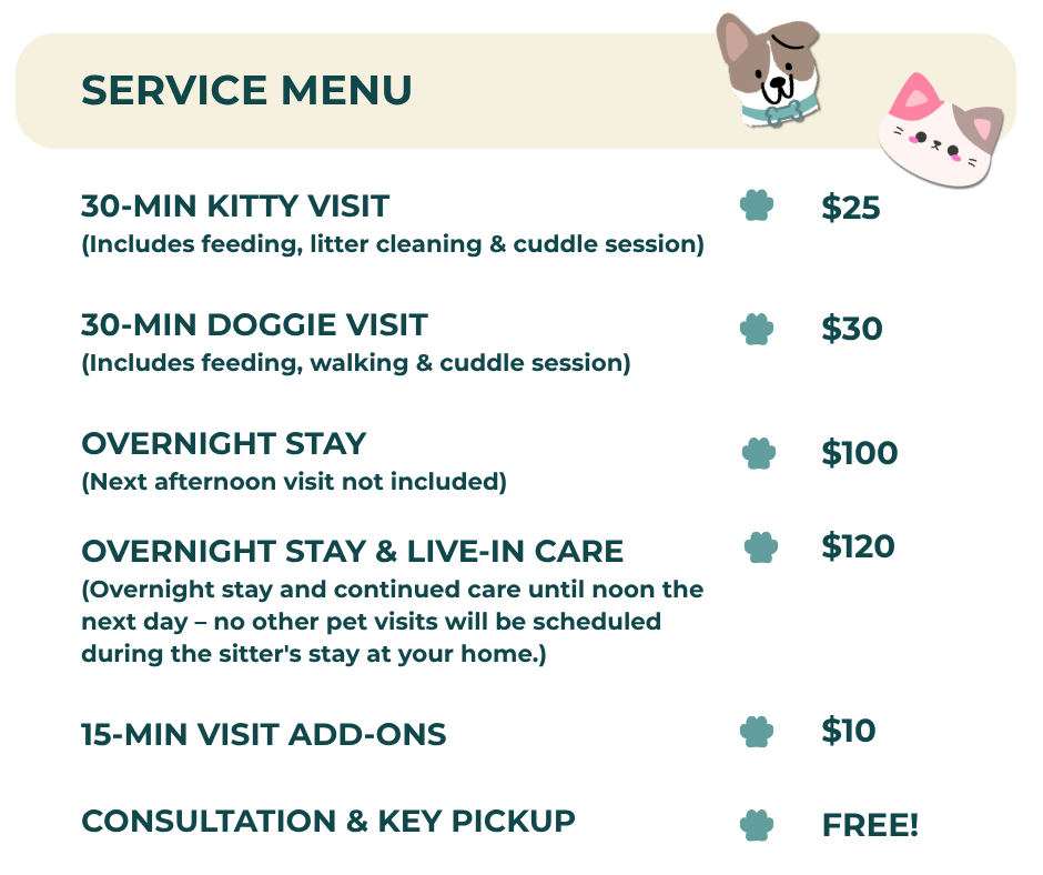 Service menu for pet care including options for 30-minute kitten and doggie visits, overnight stays, live-in care, visit add-ons, and free consultation.