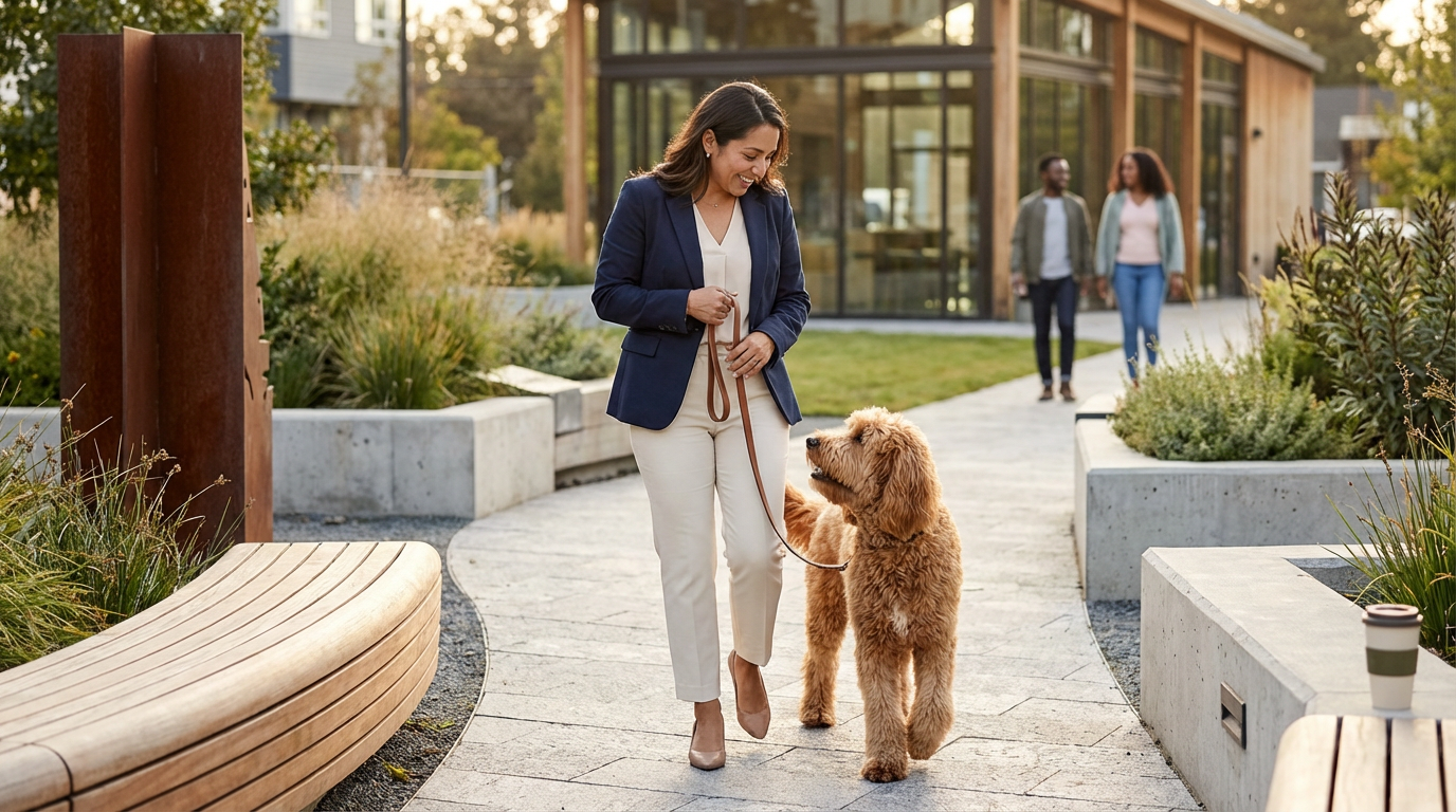 A woman walking her large, fluffy golden retriever on a leash in an outdoor park or urban plaza area, smiling and looking at her dog. In the background, two people are walking and talking.