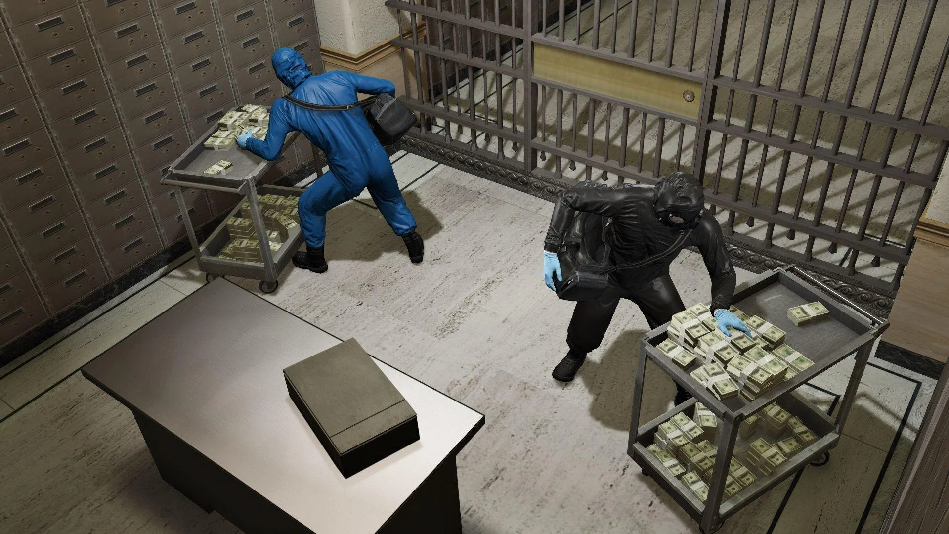 Two individuals dressed in black and blue tactical gear are robbing a bank, filling carts with stacks of cash. The scene takes place in a bank lobby with safes on the wall and metal gate doors.