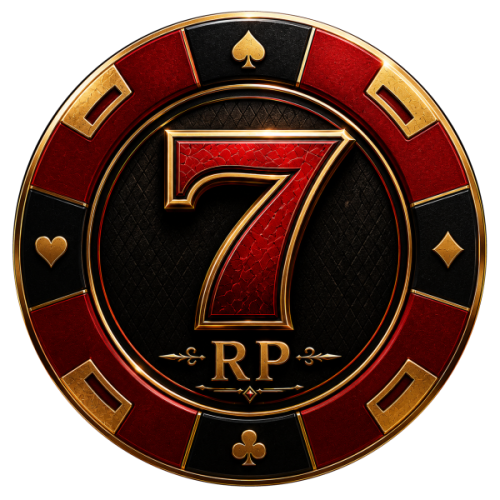 A casino-style emblem with a large red and gold number 7 in the center, surrounded by a border with card suit symbols (hearts, spades, diamonds, clubs). The bottom has the letters 'RP'.