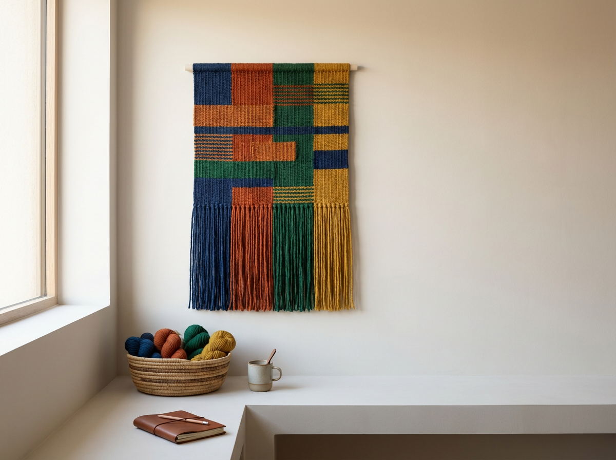 Colorful woven wall hanging with geometric patterns in blue, orange, green, and yellow colors hanging on a white wall in a minimal room.