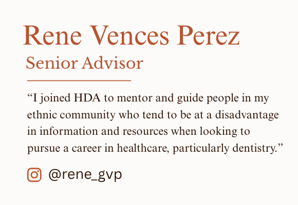 Business card for Rene Vences Perez, Senior Advisor, with a quote about mentoring in the healthcare field and an Instagram handle @rene_gvp.
