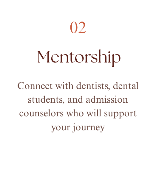 A white background with the number 02 in orange, the word Mentorship in large dark text, and a paragraph in smaller brown text about connecting with dental professionals and counselors.