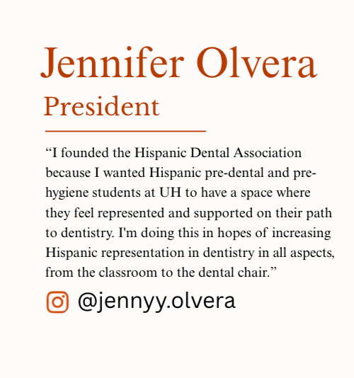 Business card for Jennifer Olvera, President of Hispanic Dental Association, with Instagram handle @jennyy.olvera, featuring a quote about increasing Hispanic representation in dentistry.