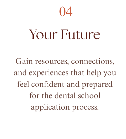 Text on a white background with a red number 04 at the top, titled "Your Future." The text encourages gaining resources, connections, and experiences to feel confident and prepared for the dental school application process.