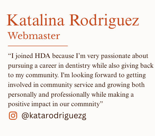 Business card of Katalina Rodriguez, a Webmaster, with a quote about her passion for dentistry and community service, and her Instagram handle @katarodriguezg.