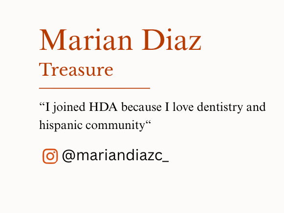 Business card for Marian Diaz, titled Treasure, with a quote about loving dentistry and the Hispanic community, and including the Instagram handle @mariandiazc_.
