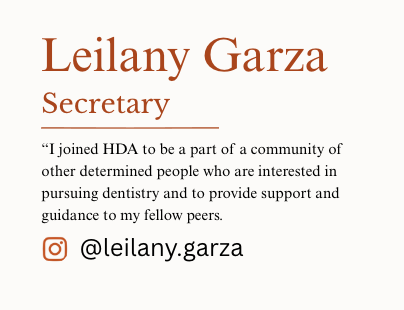 Business card for Leilany Garza, Secretary, includes quote about community and a social media handle @leilany.garza.