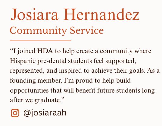 Business card for Josiara Hernandez, Community Service, with a quote about helping Hispanic pre-dental students and her Instagram handle @josiaraah.
