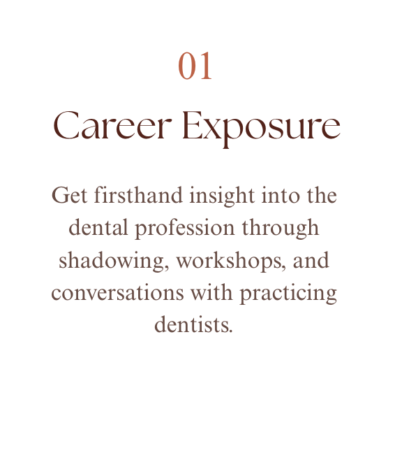 A page titled 'Career Exposure' with a subtitle encouraging getting insight into the dental profession through shadowing, workshops, and conversations with practicing dentists.