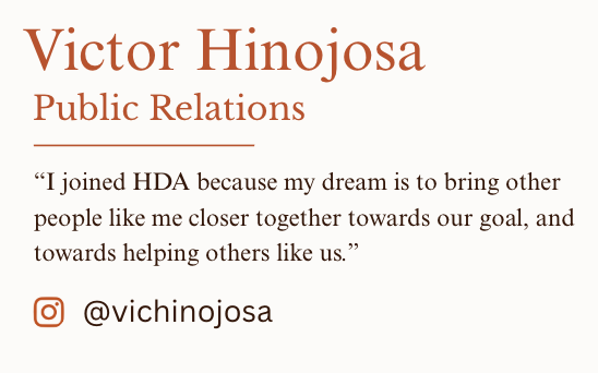 Text-based promotional graphic featuring Victor Hinojosa's name, his professional focus on Public Relations, a quote about bringing people together, and his Instagram handle @vichinojosa.