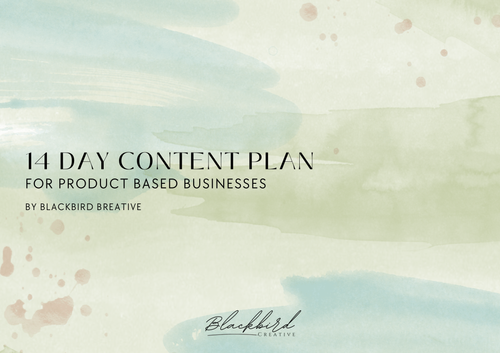 Cover page of a 14-day content plan for product-based businesses with a watercolor background and Blackbird Creative logo.