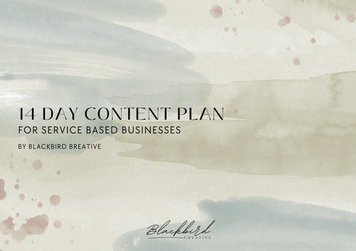 Cover page of a 14-day content plan for service-based businesses by Blackbird Creative, featuring a watercolor background.