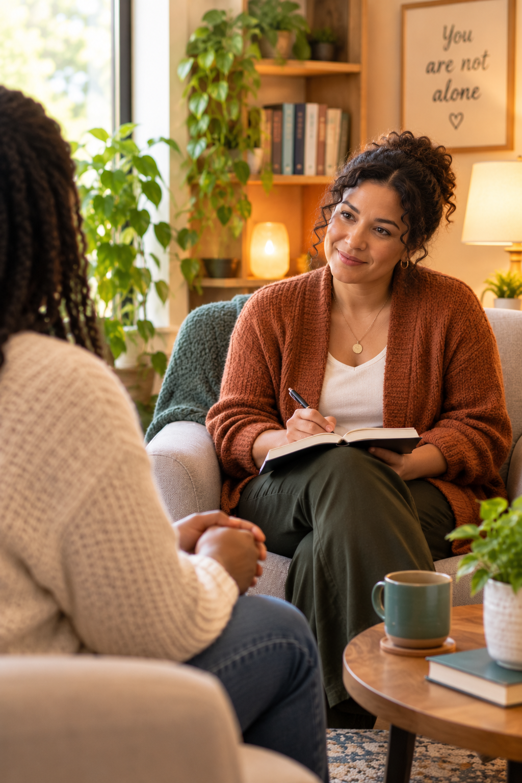 Two women having a conversation in a cozy living room, with the counselor taking notes in a notebook. There are books, plants, and warm lighting in the background.
