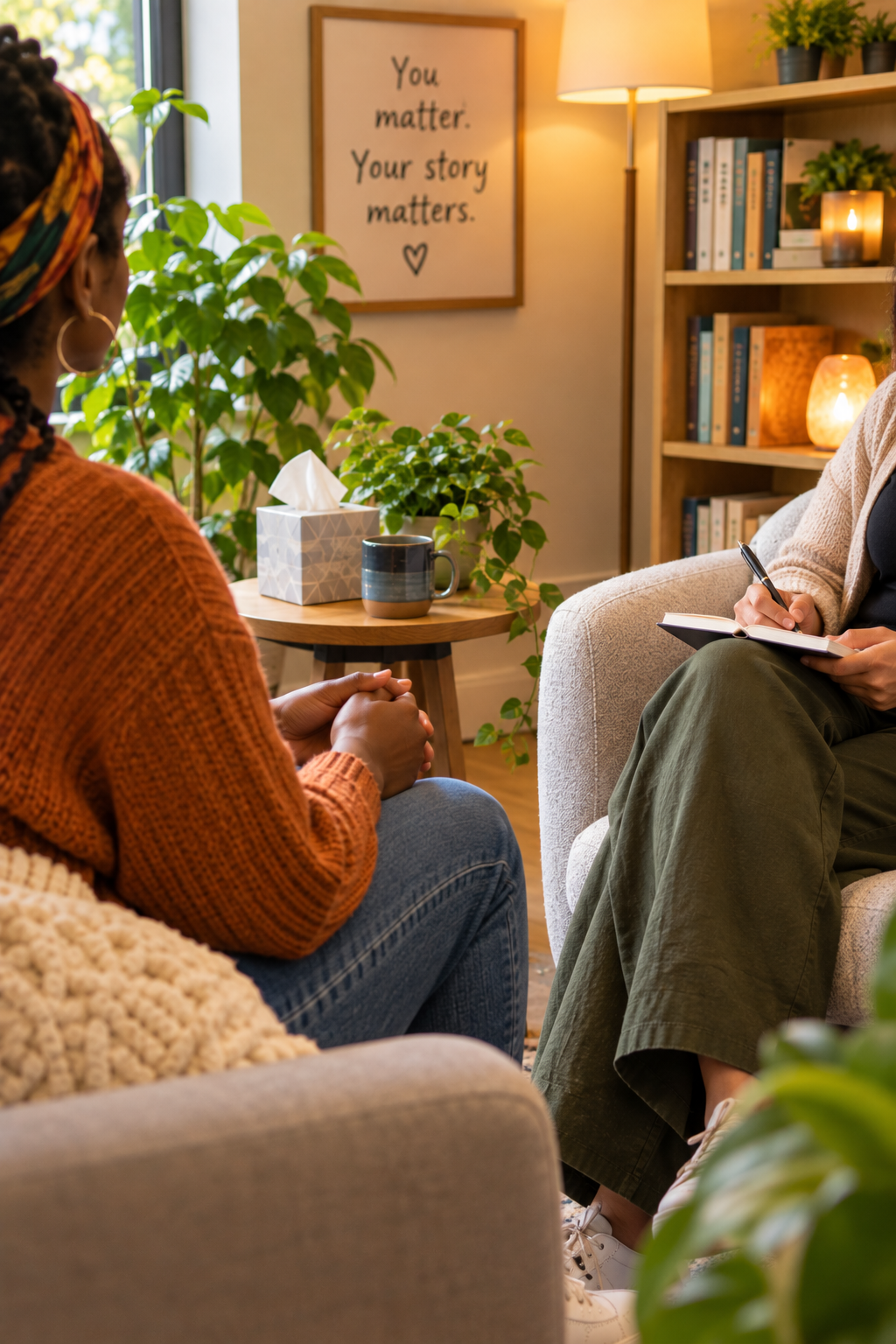 A therapy session with two women seated and talking in a cozy, well-lit room decorated with plants and books. There is a framed quote on the wall that reads, "You matter. Your story matters."