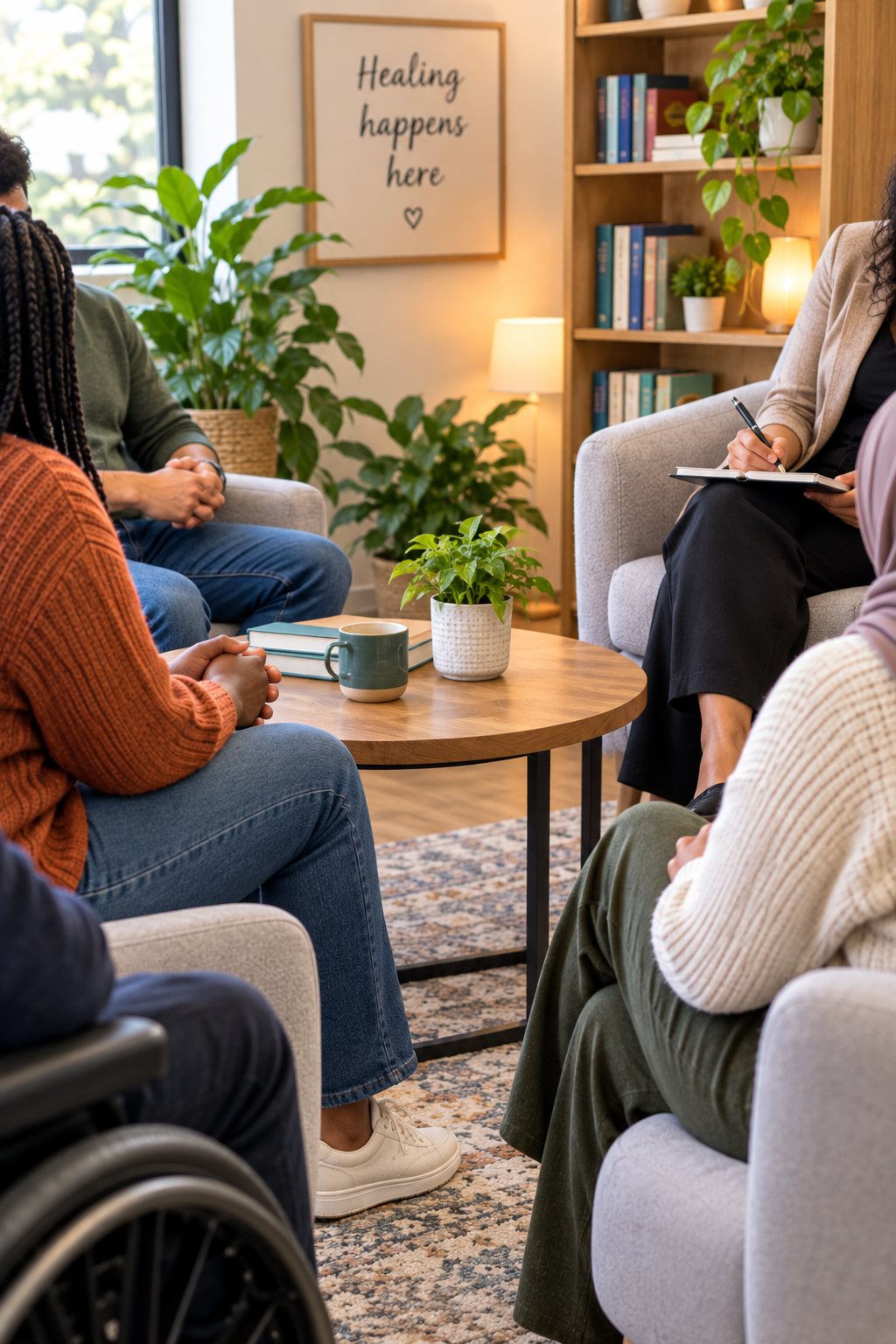 Group therapy session in a cozy room with five people sitting around a wooden coffee table, one person taking notes, and a motivational sign on the wall that reads 'Healing happens here,' surrounded by plants and books.