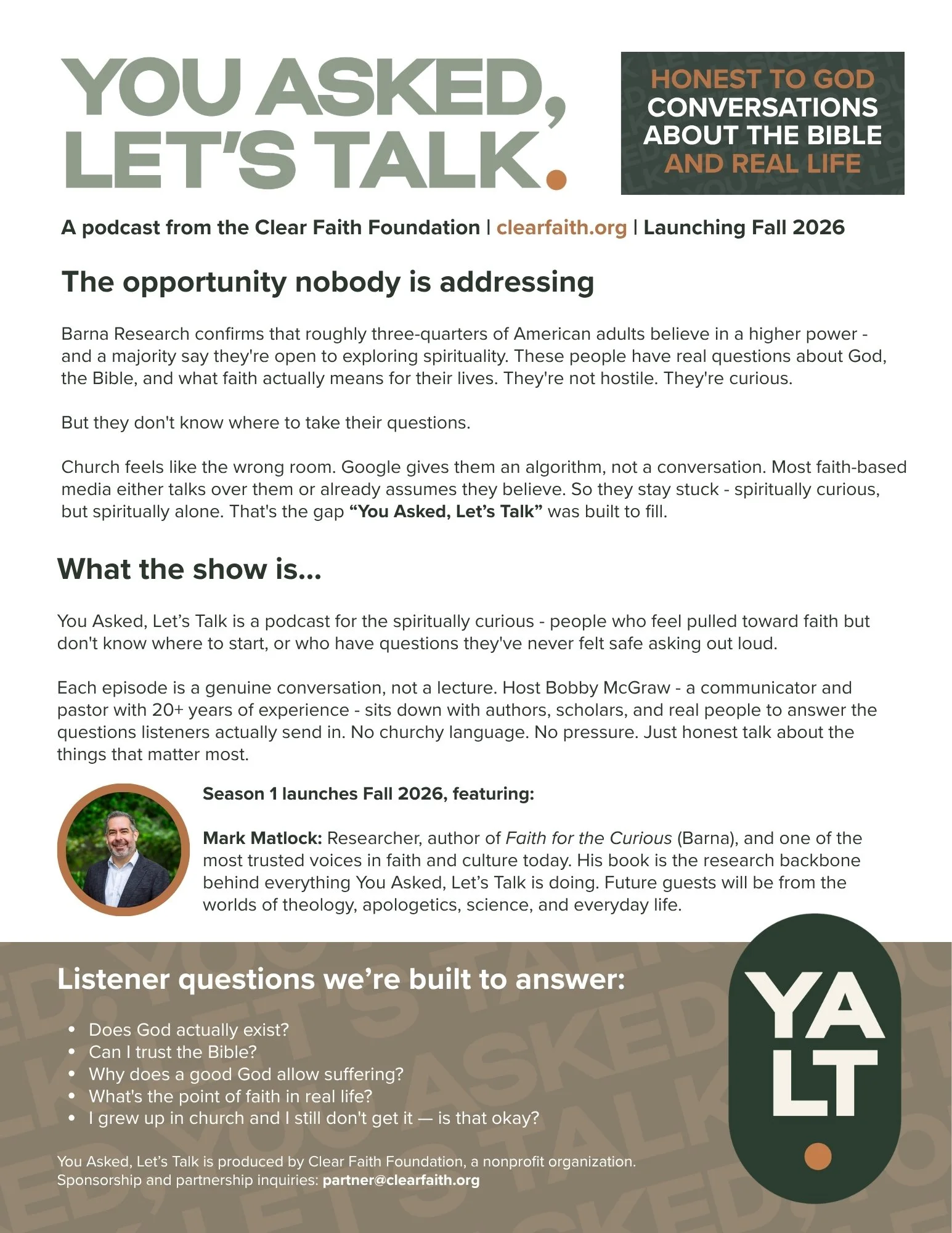 Promotional flyer for a podcast called 'You Asked, Let's Talk', launching fall 2026, by Clear Faith Foundation. Features a discussion about faith, the Bible, and real life, with a guest speaker Mark Matlock. Contains headings, text, and images of people.