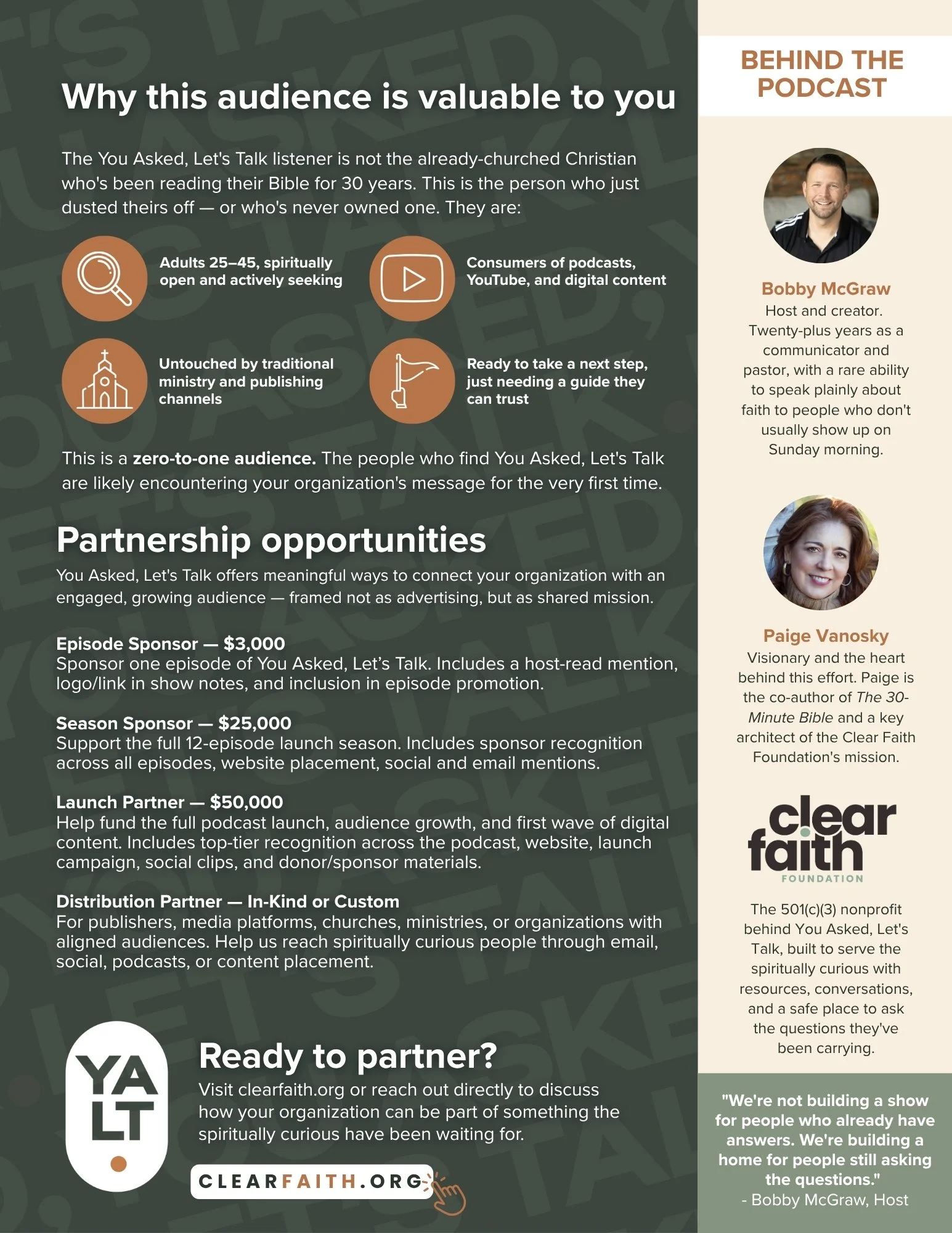 A digital infographic about the audience of the You Asked, Let's Talk podcast, featuring segments such as age range, interests, and engagement levels. It includes sections on sponsorship opportunities, partnership options, and a call to action for organizations to get involved. The right side features headshots of three speakers or hosts, including Bobby McGraw, Paige Vanosky, and another individual, with a quote from Bobby McGraw.