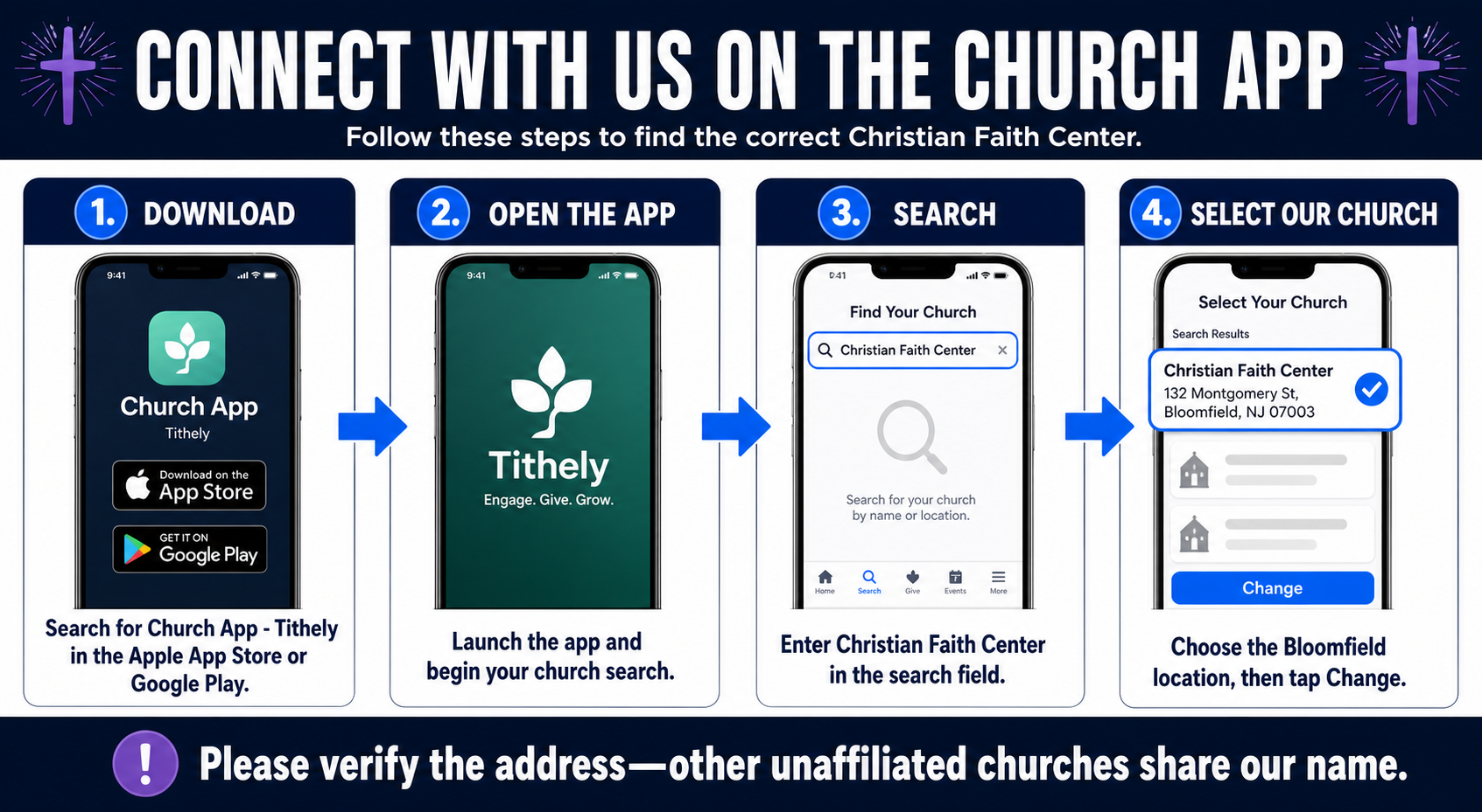 A step-by-step infographic guide on how to connect with a church on a mobile app. It includes four steps with images and descriptions: 1. Download the church app from the App Store or Google Play, 2. Open the app and begin your church search, 3. Search for Christian Faith Center in the search field, 4. Select Christian Faith Center located at 132 Montgomery St, Bloomfield, NJ 07003 and tap Change.