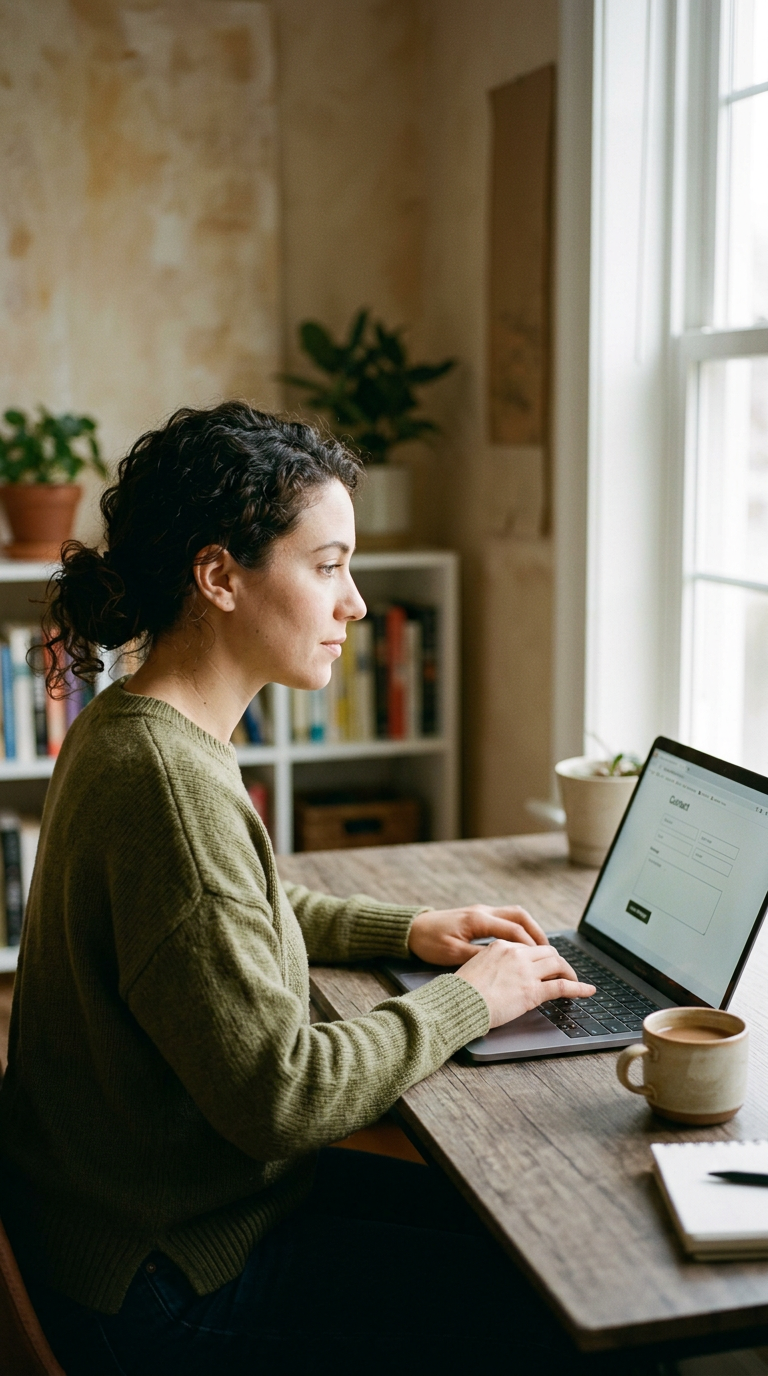 A woman with dark curly hair working on a laptop in a cozy, well-lit home office with a bookshelf, potted plants, and a large window.