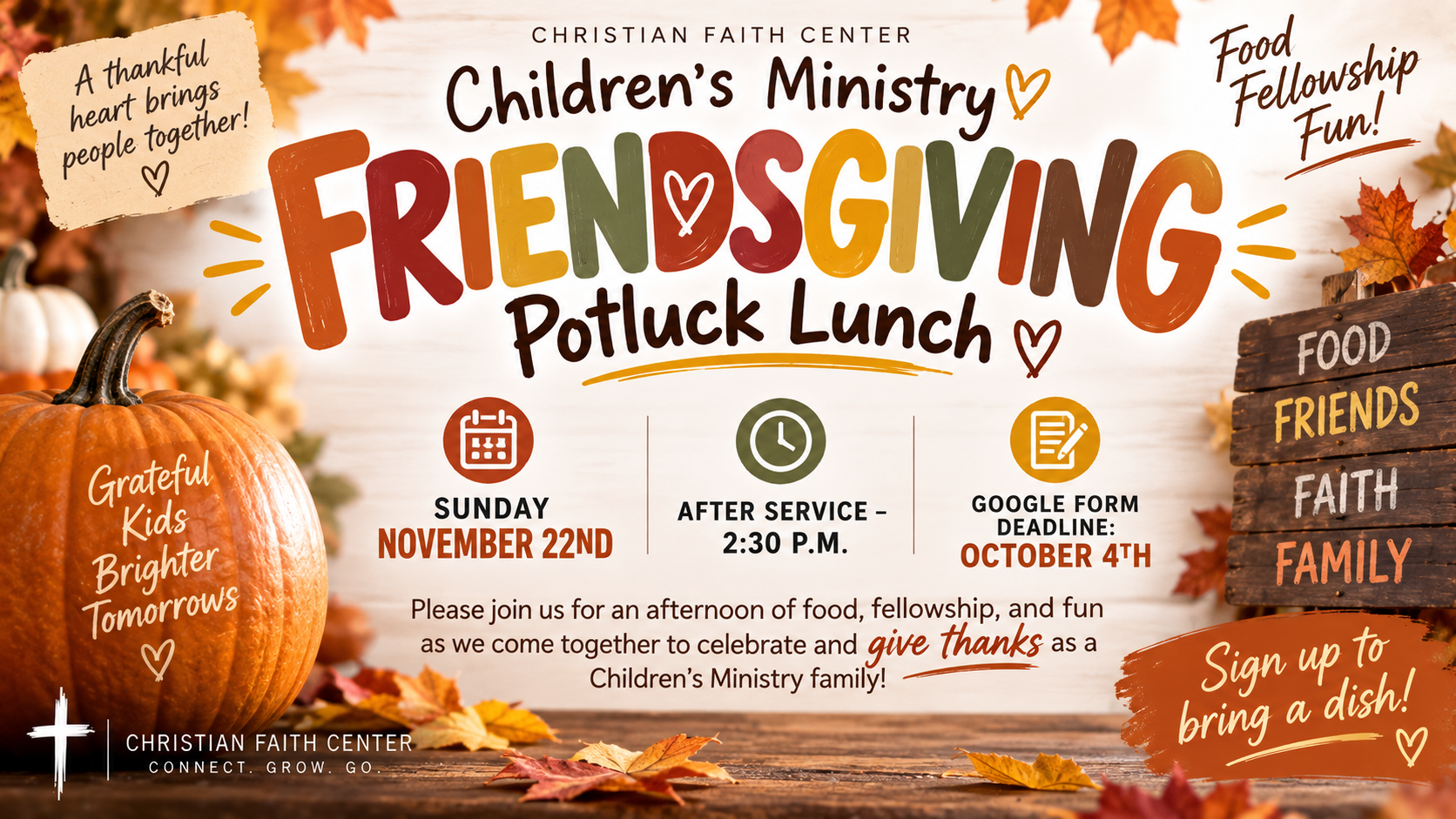 Our Children’s Ministry families are invited to join us for a special Friendsgiving Potluck Lunch! 🍂

Come enjoy an afternoon of...