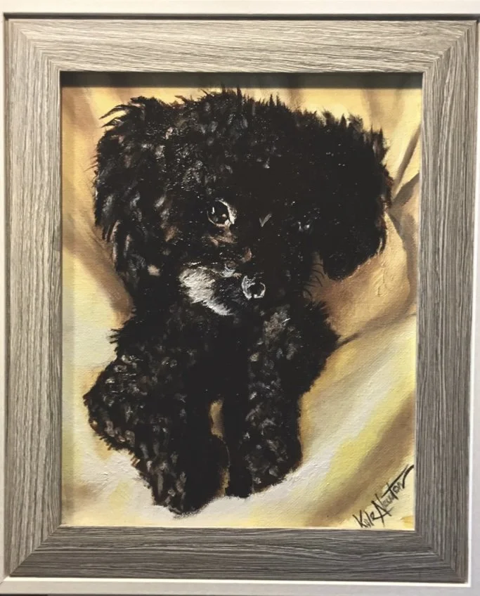 A framed painting of a black puppy with curly fur, laying on a beige surface, signed by the artist in the bottom right corner.