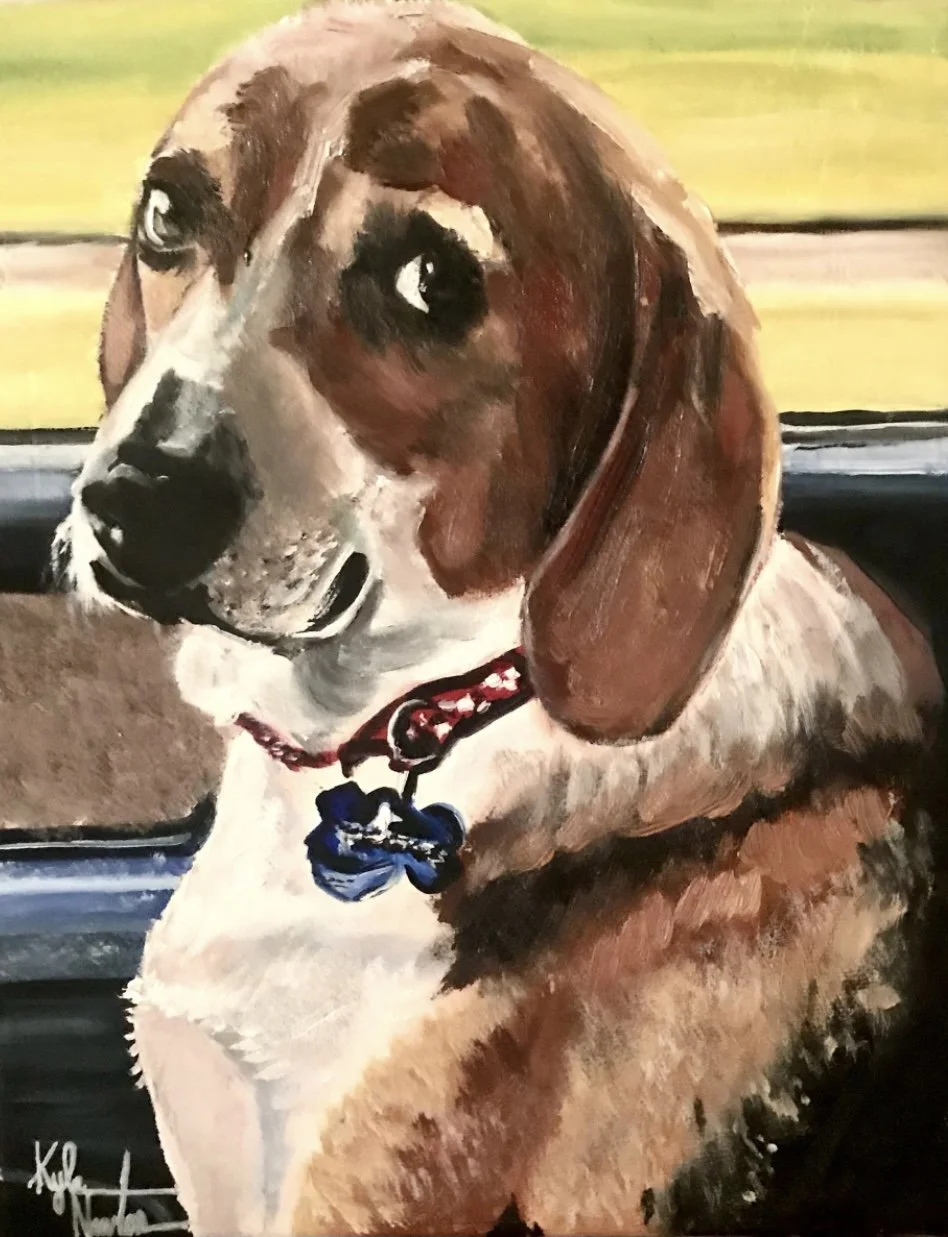 Painted portrait of a beagle dog sitting, wearing a red collar with a blue tag, with a yellow and green background.