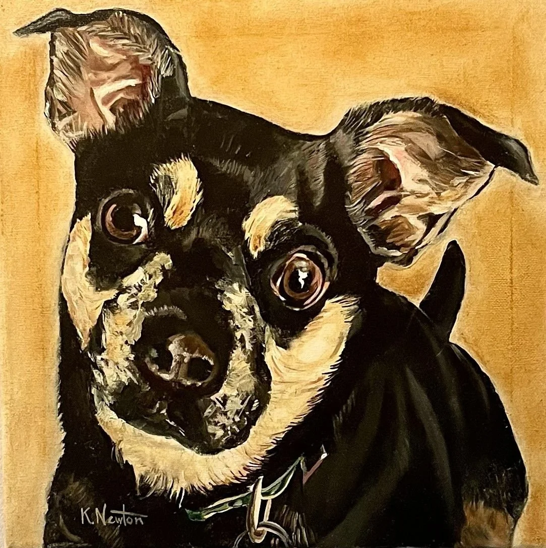 Painting of a black and tan dog with expressive eyes and big ears against a beige background, signed by K. Newton.