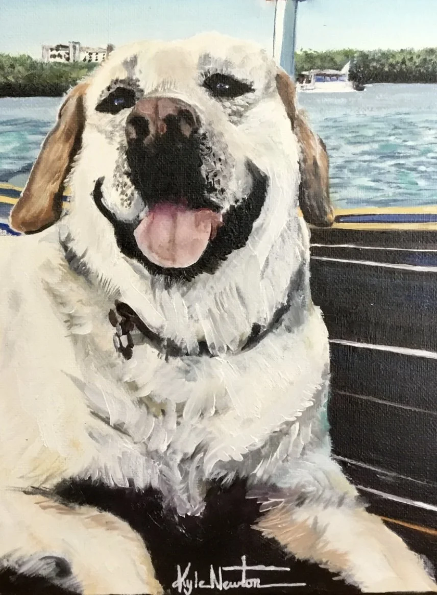 Painting of a happy dog on a boat with water and a yacht in the background.