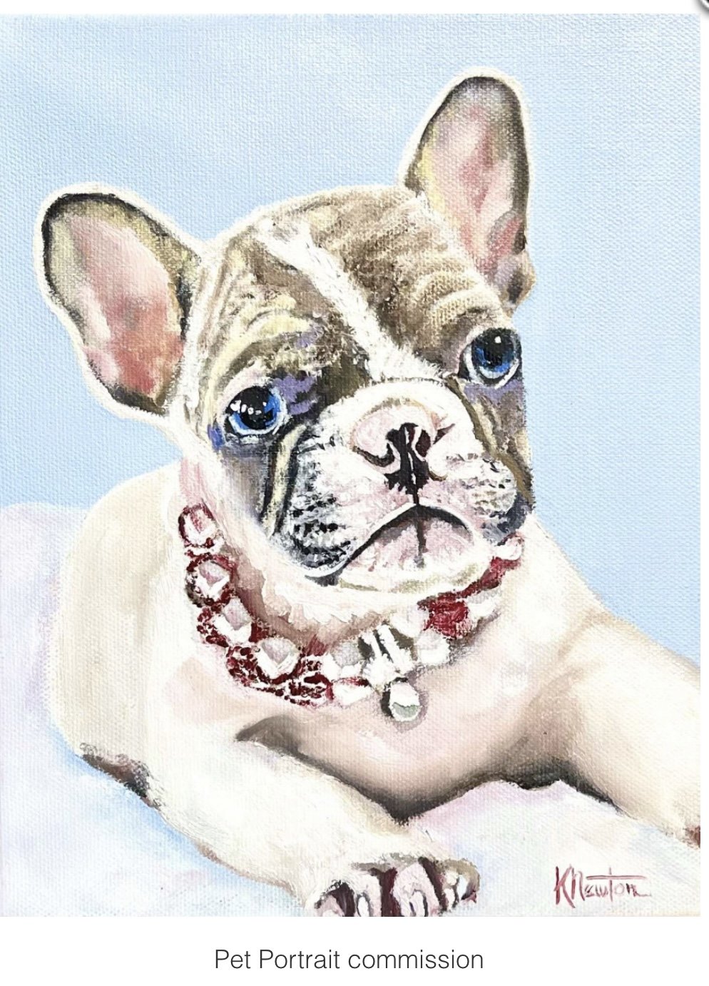 Painting of a French Bulldog puppy with blue eyes, wearing a red beaded necklace, against a light blue background.