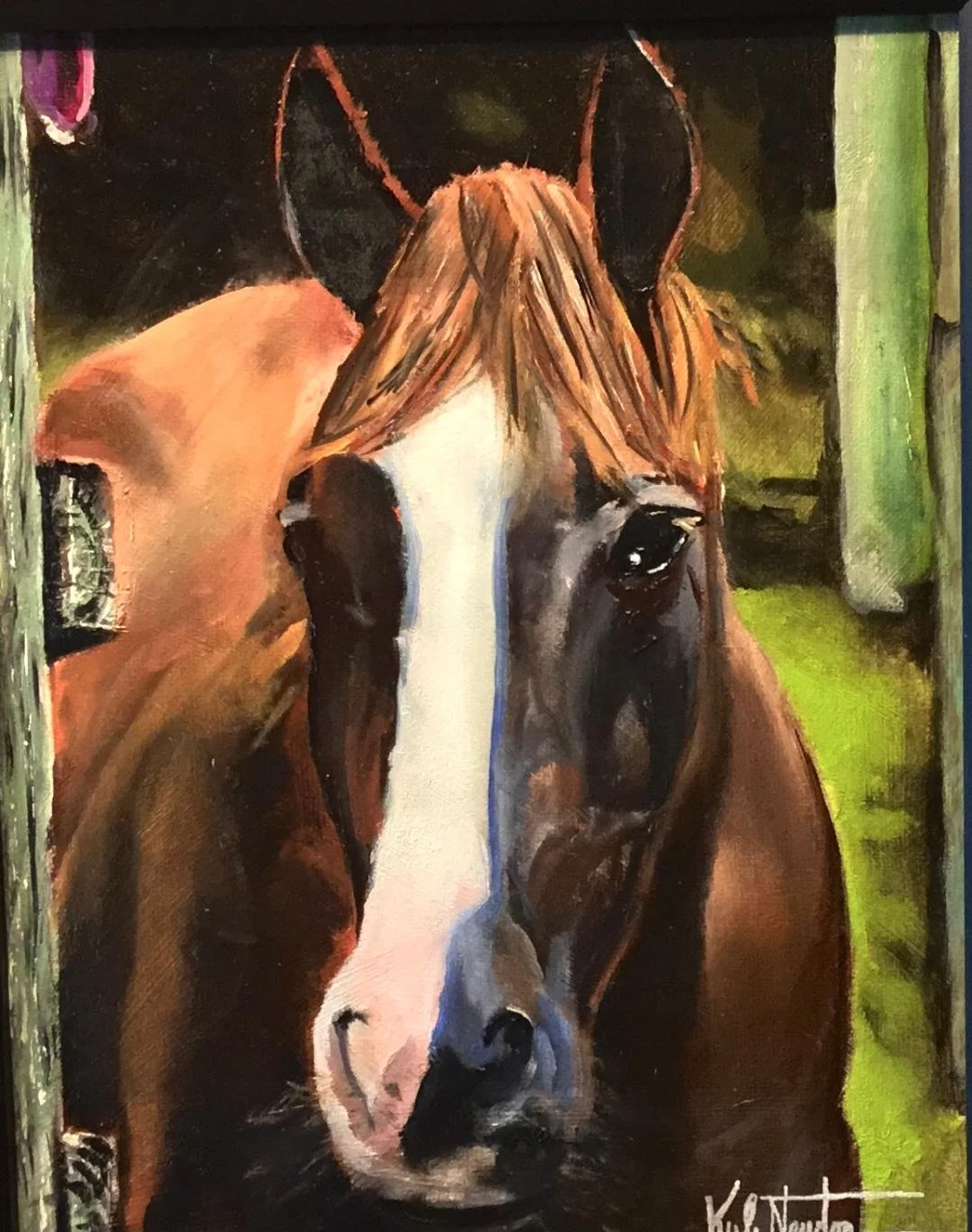 Painting of a brown and white horse with a white stripe down its face, standing in a green outdoor setting.