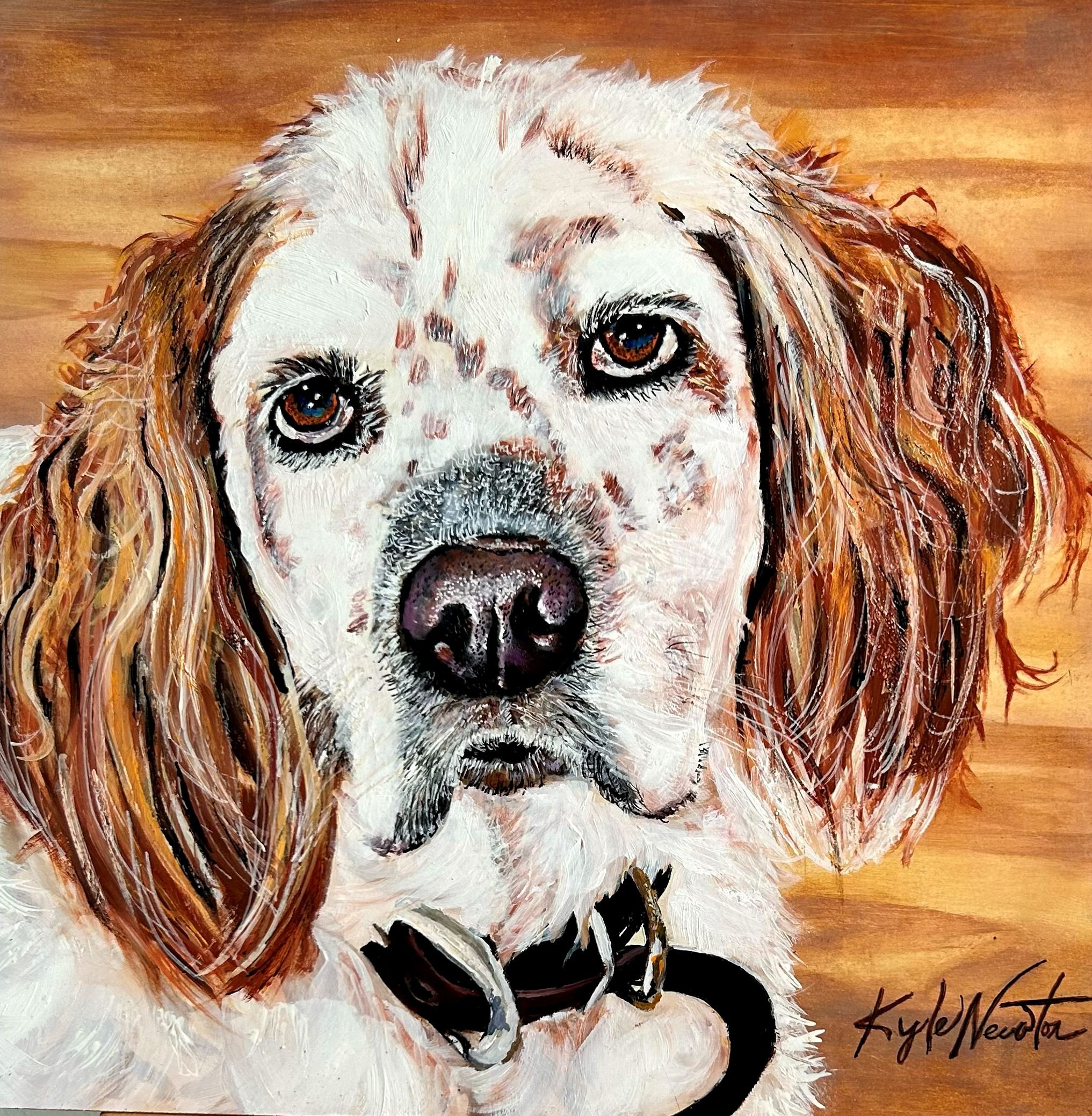 Oil painting of a brown-and-white spaniel with long ears against a warm wooden background.