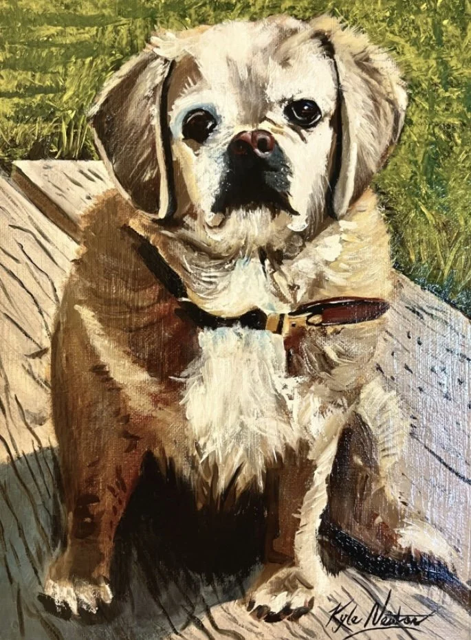 Painting of a small dog with tan and white fur, wearing a collar, sitting on a wooden surface with green grass in the background.