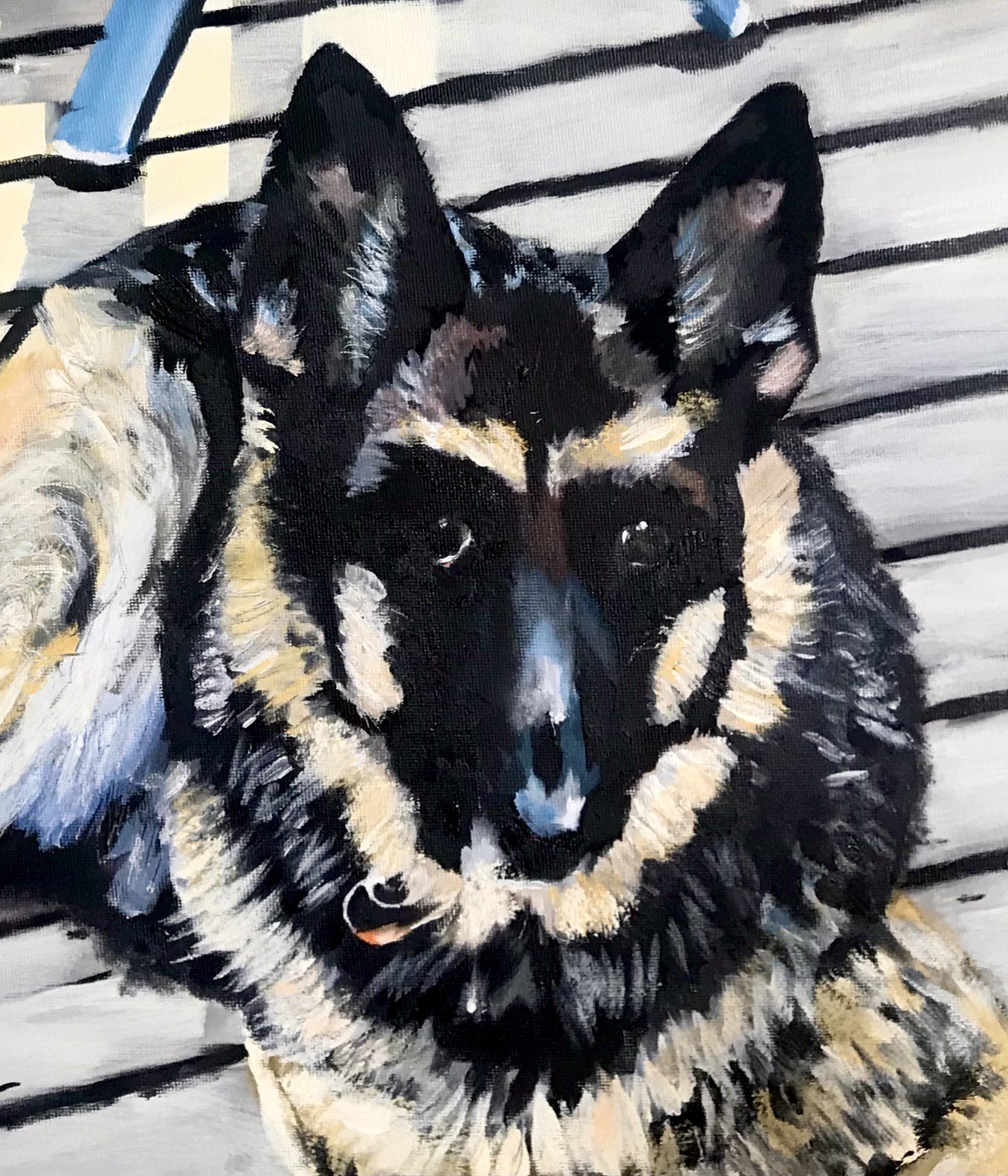 Oil painting of Helga, Kyle Newton’s black-and-tan German Shepherd, with upright ears and bright eyes.