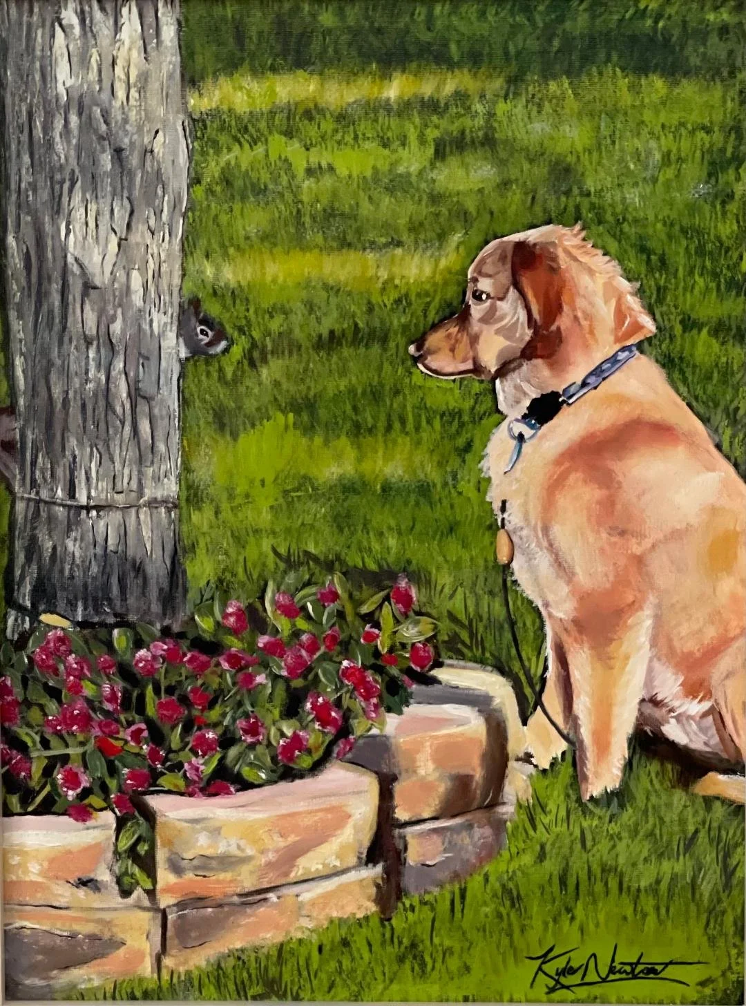Oil painting of a dog watching a squirrel peek from behind a tree in a flower garden.