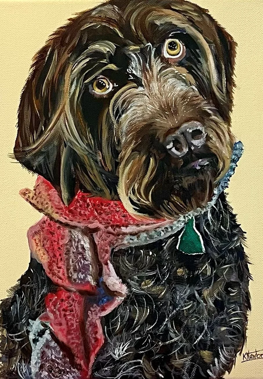 Painting of a black and brown dog with a red bandana around its neck, looking directly at the viewer.